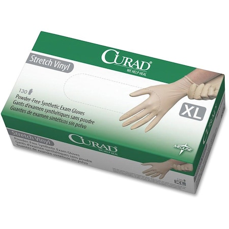 Medline Disposable Gloves, 5.1 mil Palm, Stretch Vinyl, Powder-Free, XL, 130 PK, Cream MII6CUR9227